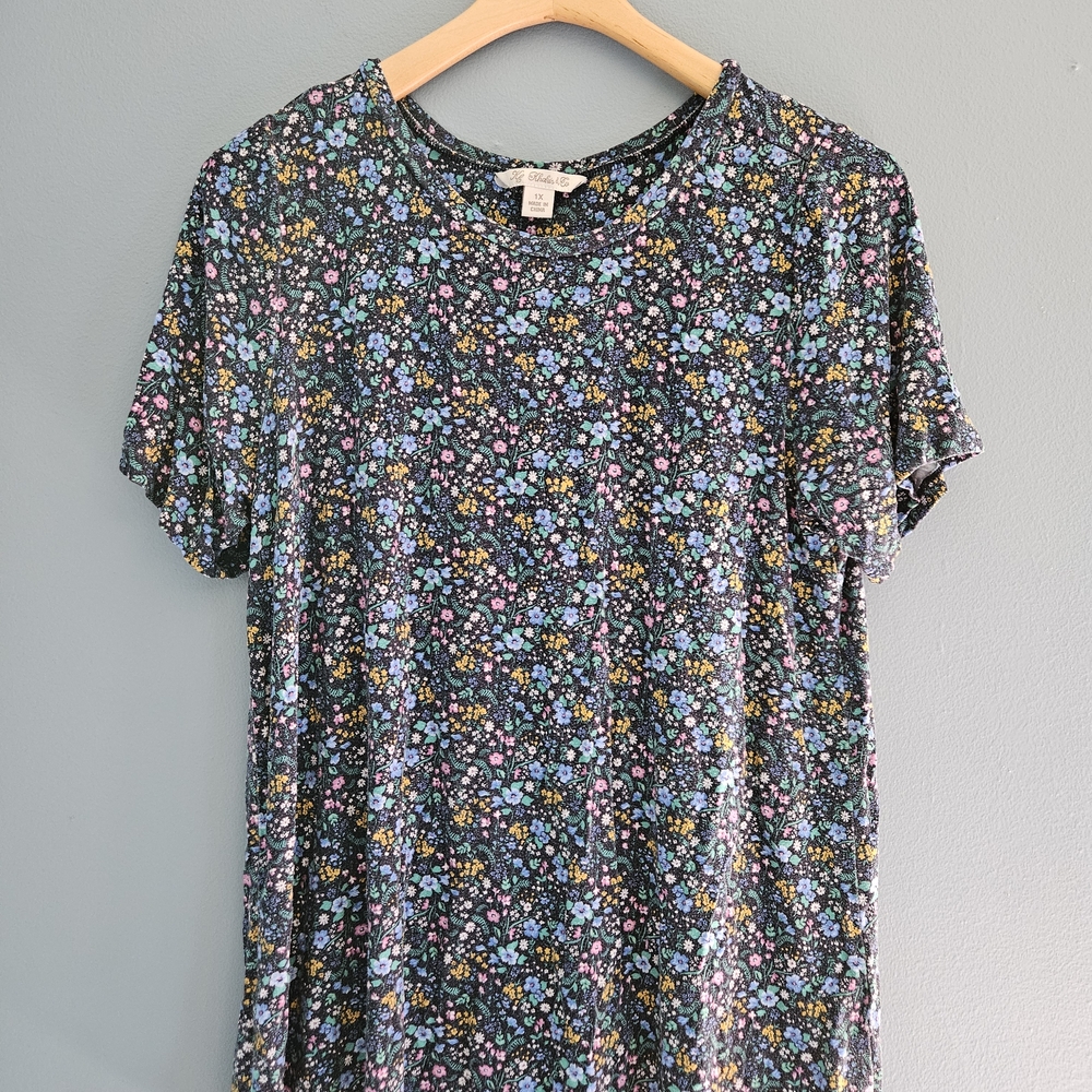 KC Khakis Co T Shirt 1X Plus Size Floral Print Black Short Sleeve Casual Top